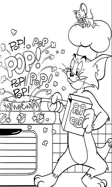 kolorowanka Tom i Jerry malowanka szykują popcorndo wydruku z bajki dla dzieci, do pokolorowania kredkami, obrazek nr 30